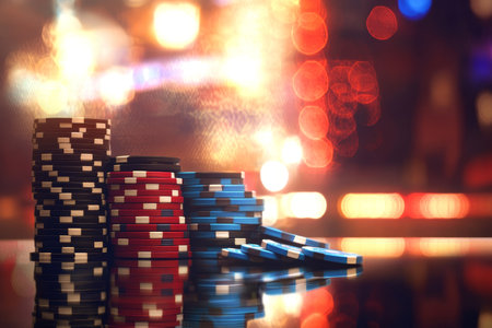 Vibrant Casino Night Ambience with Towering Multi-Colored Poker Chips Reflecting Neon Lightsの素材