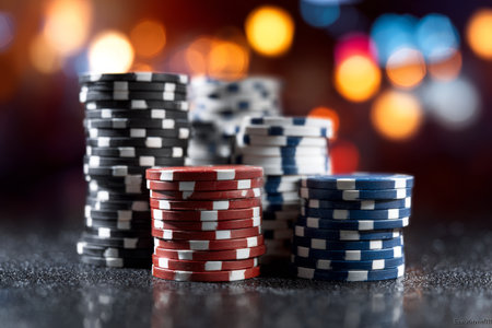 Casino Night Scene with Colorful Poker Chips Stacked on a Glossy Surface, Sparkling Lights Aroundの素材