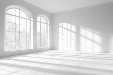 Bright and Airy Contemporary Room Design with Striking Grid Shadows and Open Architectural Layoutの素材