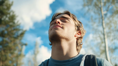 Young Man Enjoying the Crisp Forest Air Under a Bright Blue Sky with a Peaceful Expressionの素材