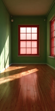 Bright and Serene Room Featuring Geometric Windows and Elegant Wood Flooring Bathed in Sunlightの素材