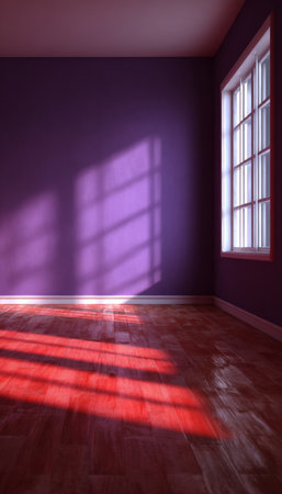 Bright and Airy Purple Decorated Room with Modern Minimalist Furniture and Sunlight Streaming Inの素材