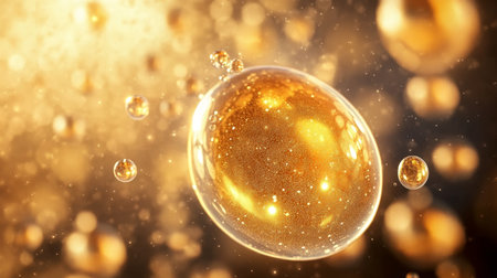 Glowy Hydrating Serum Drops on Skin Cells, Shiny Gold Background, Moisture and Care for Healthy Skinの素材