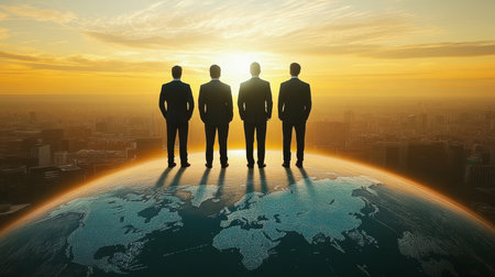 Leadership s Journey into a Bright Future Embracing Strategic Perspectives at Sunrise Silhouetteの素材