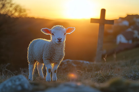 Lamb in Golden Light Silhouette with Cross Symbolizing Easter, Redemption, and New Life Themesの素材