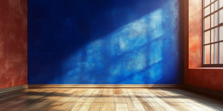 Bright and Serene Room with Blue Walls, Wooden Floor, and Minimalist Design for Tranquil Atmosphereの素材