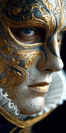 Mystical Portrait of a Man in a Luxurious Venetian Mask, Rich Gold Accents, and Enigmatic Auraの素材