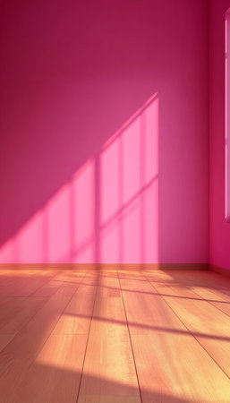 Bright and Airy Empty Pink Room with Sunlight Streaming In, Minimalist Design and Wooden Floorsの素材