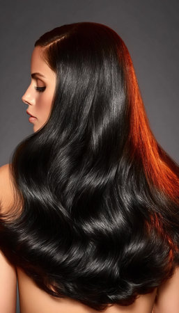 Elegant Black Hair with Wavy Texture and Radiant Shine, Embodying Dramatic Beauty and Styleの素材