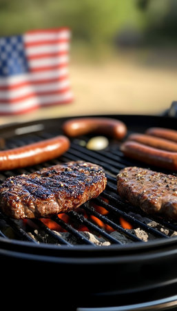 American BBQ Celebration Grilling Meats Outdoors with USA Flag for Independence Day Funの素材