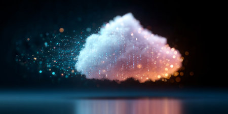 Futuristic Cloud Illustration with Glowing Particles, Networking Servers, and Data Flowの素材