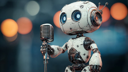 Futuristic Android Performer with Retro Microphone at a Sci-Fi Talent Show Featuring Dazzling Lightsの素材