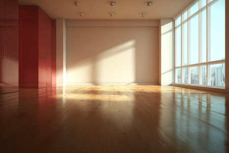 Bright modern room with hardwood floors and large windows featuring a minimalist design aesthetic.の素材