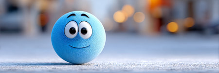 A cheerful, fluffy round character with a big smile, spreading positivity against a white backdrop.の素材