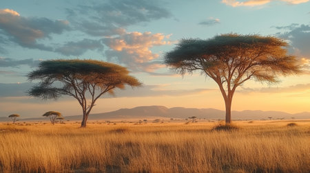Golden Sunset Over the Expansive African Savanna, Acacia Trees Silhouetted Against a Fiery Skyの素材
