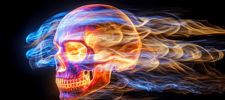 Eerie Long Exposure Phantom Depiction Artwork Featuring Fiery Skull Surrounded by Light and Flamesの素材