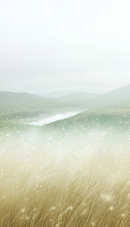 Serene Misty Landscape with Lush Greenery and Gentle Meadow, Perfect for Relaxation and Meditationの素材