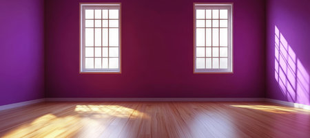 Minimalist Interior Design Featuring a Tranquil Purple Room with Sunlight and Wooden Flooringの素材