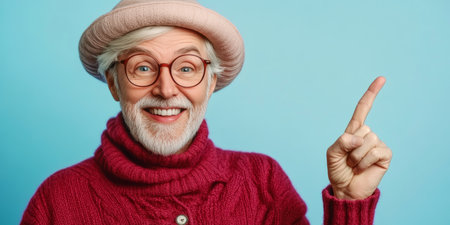 Joyful Senior Man with Funny Expression Pointing to Copy Space for Advertisements and Promotionsの素材