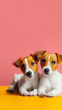 Adorable Puppy Duo Playing Together on Bright Pastel Yellow Background, Ready for Fun Adventuresの素材