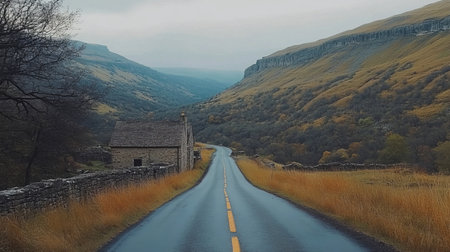 Scenic Drive Through Picturesque Countryside with Isolated Building Amidst Lush Green Fieldsの素材