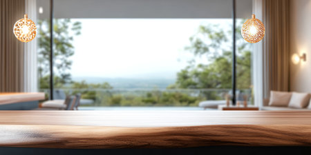 Stylish Interior Space Featuring a Wooden Counter, Airy Windows, and Minimalist Lighting Elementsの素材