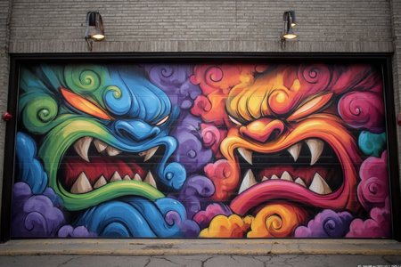 Dynamic Street Art of Two Confrontational Figures with Bold Colors and Intricate Garage Door Designの素材