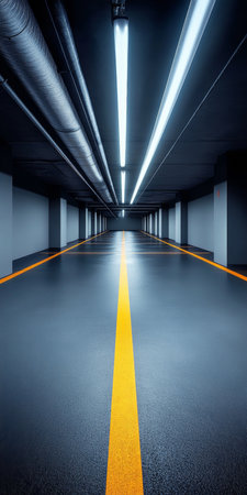 Underground Parking Area with Yellow Guidance Lines and Bright Fluorescent Lighting for Safety.の素材