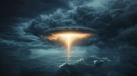 Mysterious Aerial Object Hovering Under Dark Clouds, Emitting Bright Beam on Ocean Surface at Nightの素材