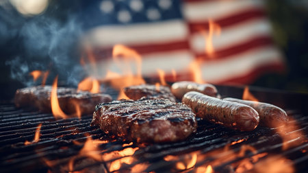 Barbecue Feast Celebrates Fourth of July with Flag Fervor, Delicious Dishes, and Vibrant Colorsの素材