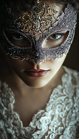 Elegant masked lady in ornate detail, captivating portrait of a fantasy world enchantress with lace.の素材