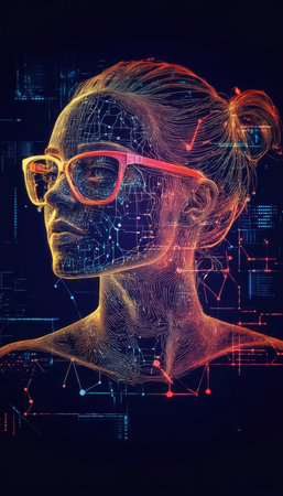 Futuristic Woman with Digital Overlay Analyzing Advanced Computing and Next Generation Tech Trendsの素材