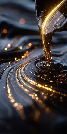Golden Fluid Cascading Through Abstract Shapes, Creating a Dynamic Flow of Light and Texturesの素材