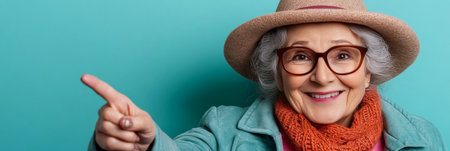 Cheerful elderly woman smiling in colorful winter outfit enjoying shopping time against blue wallの素材