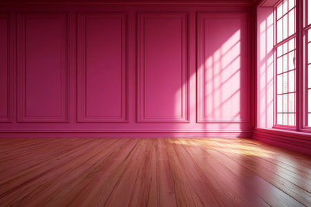 Cozy Minimalist Room Design Featuring Warm Violet Pink Walls and Rustic Wooden Flooring for Comfortの素材