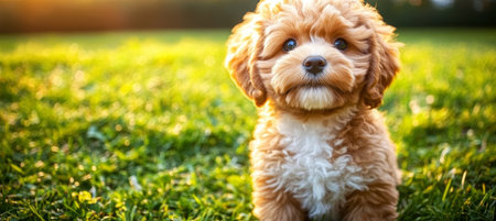 Adorable Cavoodle Puppy Playing Joyfully in the Sunlight, Surrounded by Lush Green Grass and Flowersの素材