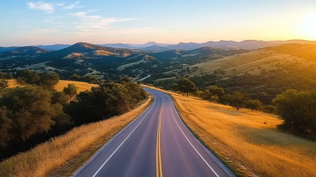 Scenic Open Countryside Road Trip Journey Through Beautiful Landscapes and Rolling Hills in Natureの素材