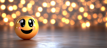 Cheerful Yellow Emoji Smiling Brightly Against a Beautifully Blurred Background of Colorful Lightsの素材