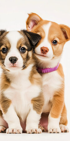 Adorable Sweet Puppies Embrace on a Soft White Backdrop, Captivating Canine Cuddle Moment Togetherの素材