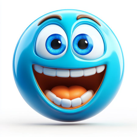 Cheerful Blue Emoticon with Big Eyes and a Bright Smile, Perfect for Expressing Joy and Positivityの素材