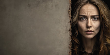 Melancholic Portrait of a Sad Caucasian Female with Expression on Brown Artistic Studio Backdropの素材