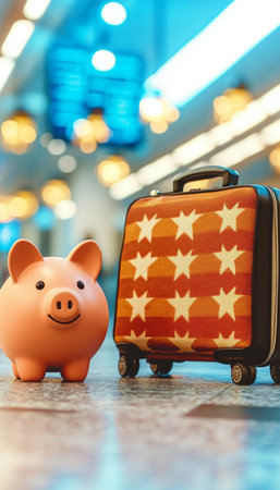 Dream vacation fund accumulation scene with a piggy bank and vintage suitcase in a terminal hallwayの素材