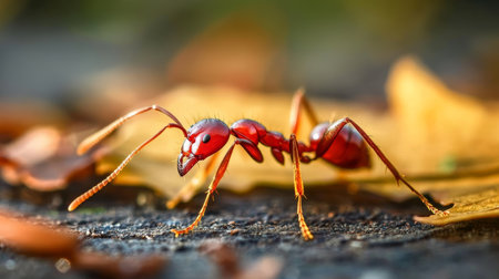 Close-up of a vibrant red ant crawling on autumn leaves with a beautifully blurred background.の素材