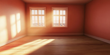 Minimalist Brown Room with Natural Light, Wooden Floor, Empty Walls, Serenity and Peaceful Ambianceの素材