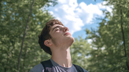 Young Man with Closed Eyes Embraces Serenity in Lush Green Forest, Enjoying the Fresh Air and Peaceの素材