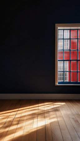 Bright and Minimalist Empty Room Interior with Polished Wooden Floor and Dark Blue Wall Designの素材