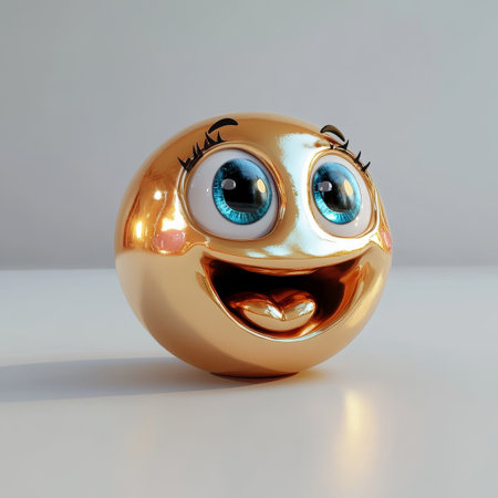 Whimsical Isolated Gold Sphere Character with Sparkling Eyes and Big Laughing Mouth, Comical Designの素材