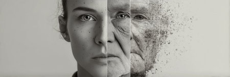 Visual Representation of Life s Journey with Three Faces Showing Age Progression and Beauty s Legacyの素材