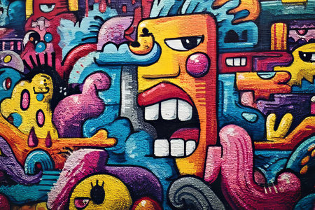 Vibrant street art scene showcasing monstrous visages, abstract drawings, and colorful graffiti artの素材