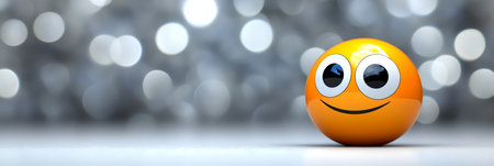 Funny Cartoon Emoji with Big Eyes on White Surface Surrounded by Blurred Bokeh Sparkles Backgroundの素材